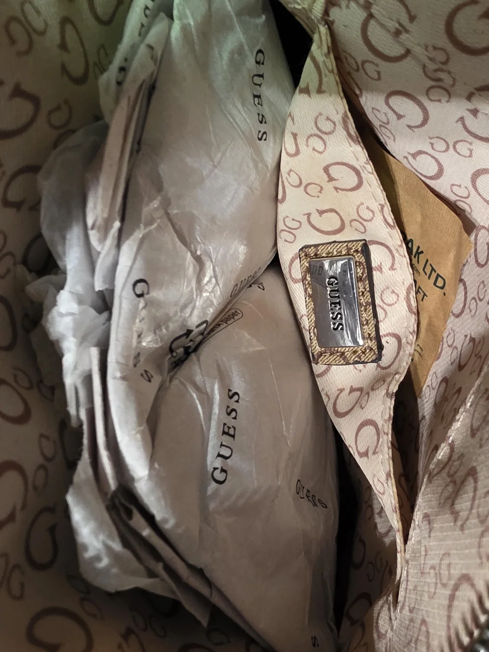 GUESS Beige Floral Logo Dome Crossbody with Red & Yellow Accents